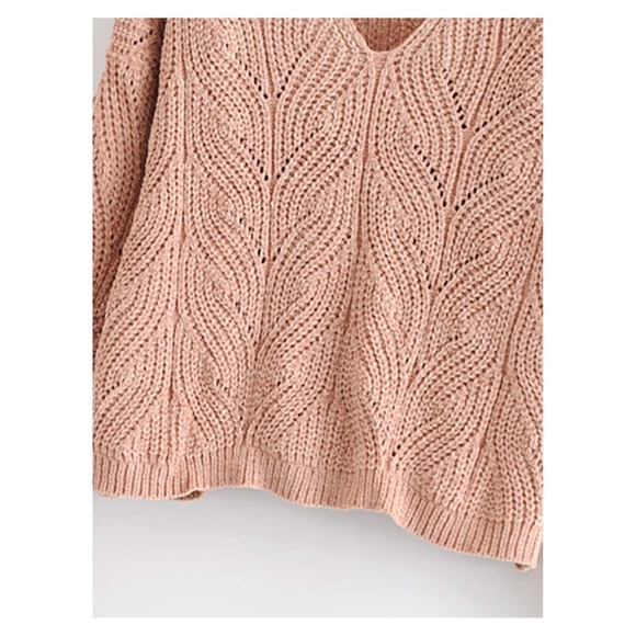 Beige V Neck Long Sleeve Chenille Sweater - Picture 5 of 7